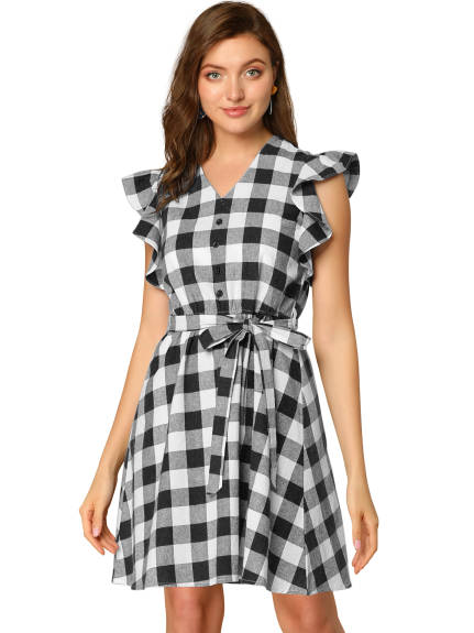 Allegra K- Ruffled Sleeve Belted A-Line Plaids Dress