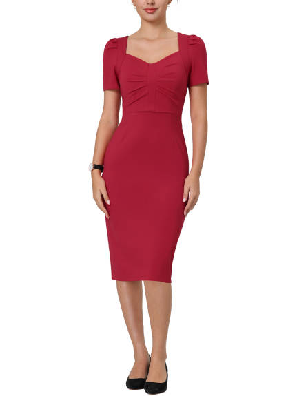 Hobemty- Sweetheart Neck Puff Short Sleeve Sheath Dress