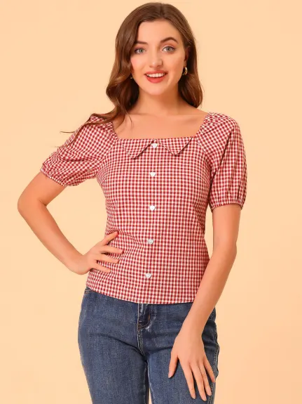 Allegra K - Smocked Back Puff Sleeve Plaid Shirt