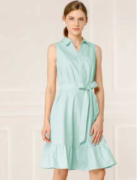 Allegra K- Cotton Sleeveless Belted Ruffled Shirt Dress