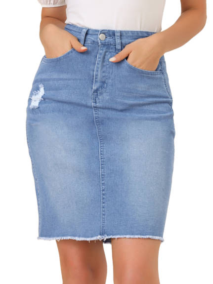 Allegra K- Distressed Ripped Hem Washed Denim Skirt