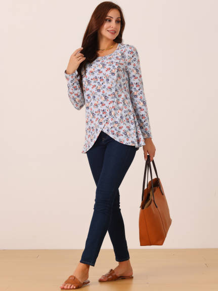 Allegra K - Asymmetrical Hem Floral Casual Top