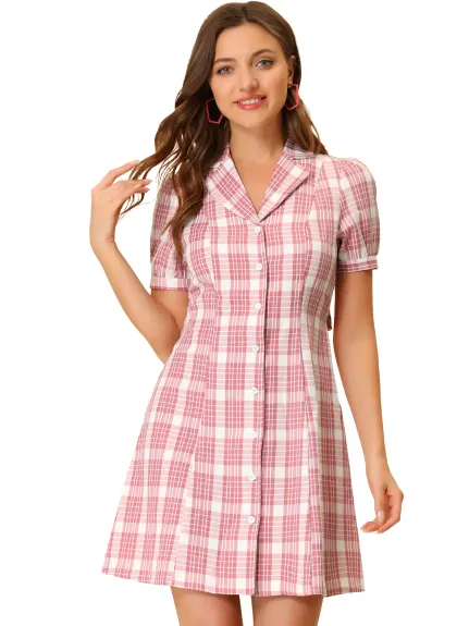 Allegra K- Notched Lapel Puff Short Sleeve Tartan Shirt Dress