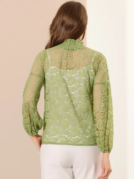 Allegra K- Ruffle Mock Neck Floral Lace Sheer Blouse