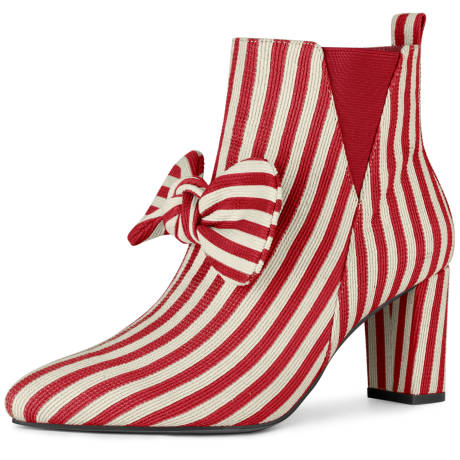 Allegra K - Pointed Toe Bow Striped Ankle Boots