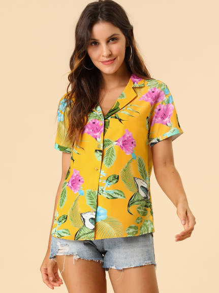 Allegra K- Beach Tropical Floral Leaves Button Down Shirt