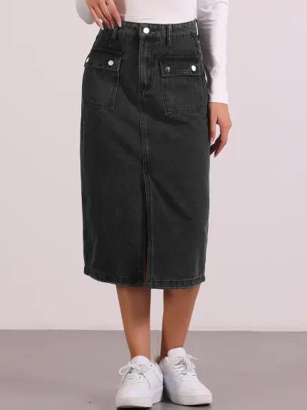 Allegra K - Front Split Hem Midi Denim Skirt