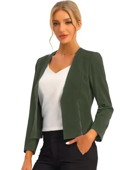 Allegra K- Open Front Zipper Collarless Cropped Blazer