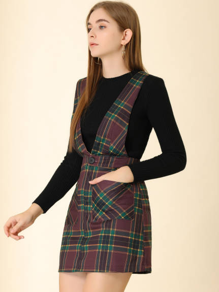 Allegra K- Plaid Above Knee Knit Crossover V Neck Overall Skirt