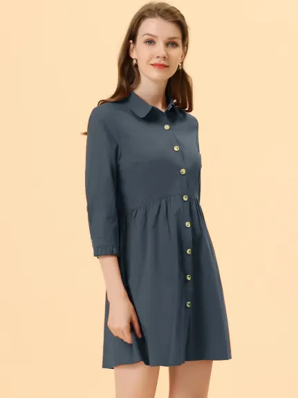 Allegra K- 3/4 Sleeve Button Up Flare Shirt Dress