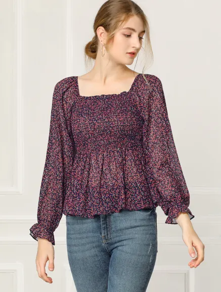 Allegra K- Floral Printed Square Neck Chiffon Peplum Blouse