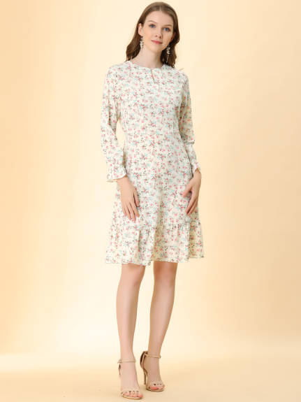 Allegra K- Printed Long Sleeves Ruffle Hem Dress