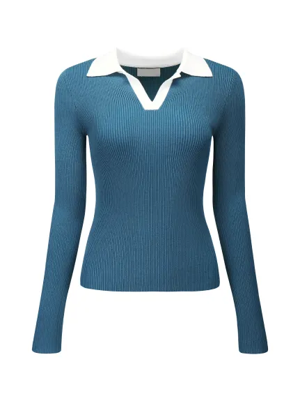 Hobemty- Fitted Knit Contrast Color Polo Top