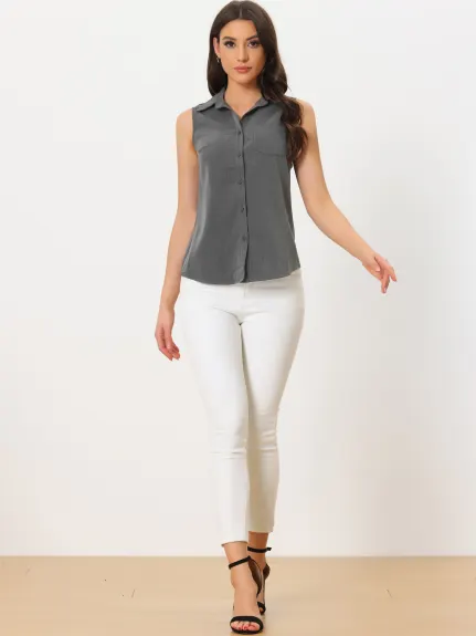 Allegra K- Denim Lapel V Neck Chambray Tunic Top