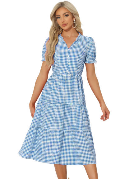 Allegra K- Gingham Ruffle Trim V Neck Button Dress