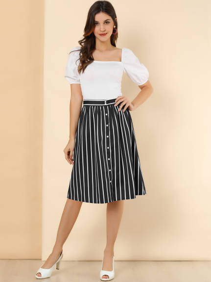 Allegra K - Button A-Line Striped Midi Skirt