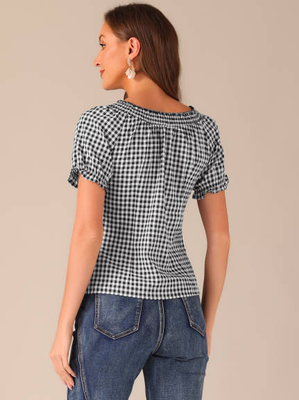 Allegra K- Plaid Round Neck Puff Sleeve Top