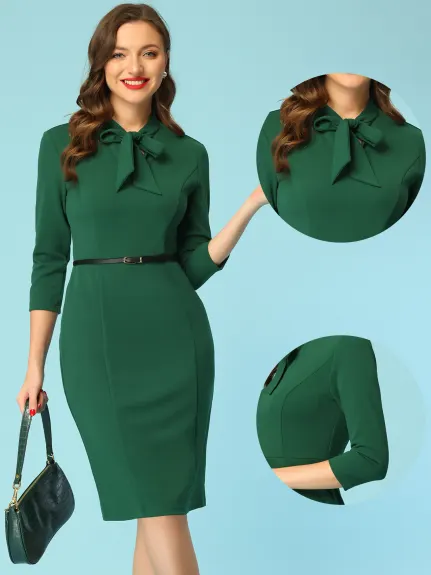 Allegra K- Sheath Bow Tie Front 3/4 Sleeve Bodycon Dress