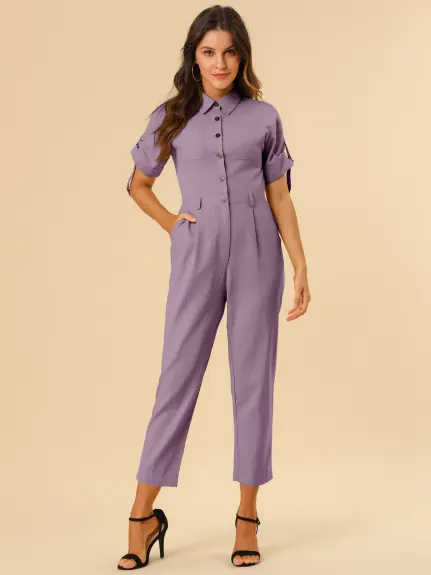 Allegra K- Turndown Collar Button up Tie Waist Cargo Jumpsuit