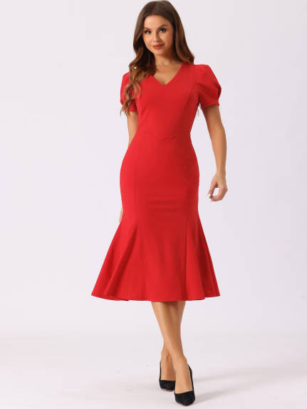 Allegra K- V-Neck Puff Sleeve Elegant Mermaid Midi Dress