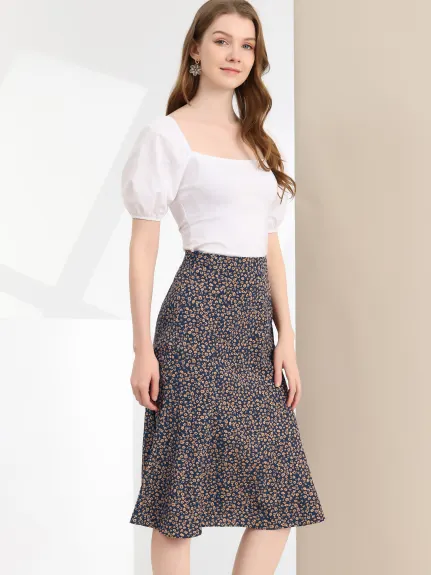 Allegra K- Elastic Waist A-Line Midi Leave Print Skirt