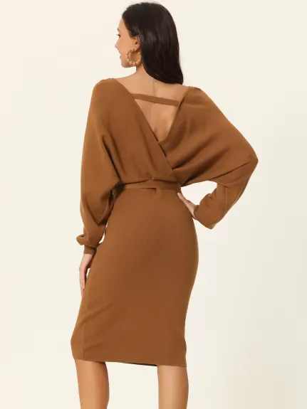 Seta T- Deep Wrap V Neck Batwing Belted Midi Sweater Dress with Belted