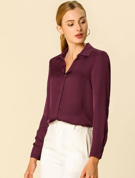 Allegra K- Elegant V-Neck Long Sleeve Blouse Shirt