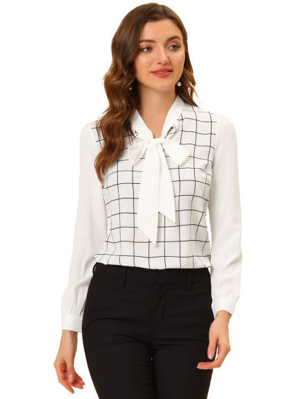 Allegra K- Plaid Long Sleeve Bow Tie Neck Blouse