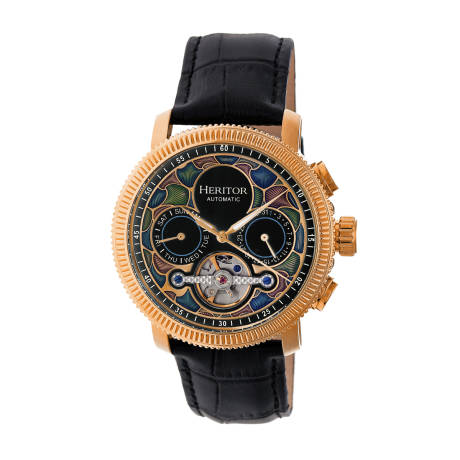 Heritor Automatic - Aura Men's Semi-Skeleton Leather-Band Watch - Rose Gold/White