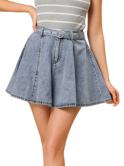 Allegra K- Belted A-Line Mini Denim Skirt