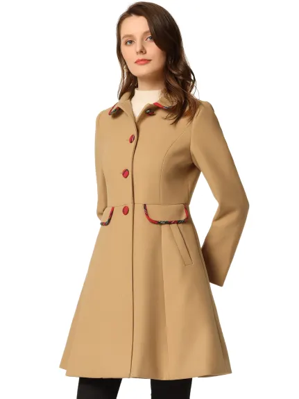 Allegra K- Peter Pan Collar Contrast Trim Single Breasted Long Coat