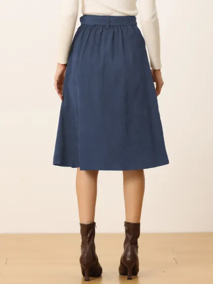 Allegra K - Button Front A-Line Belted Corduroy Skirt