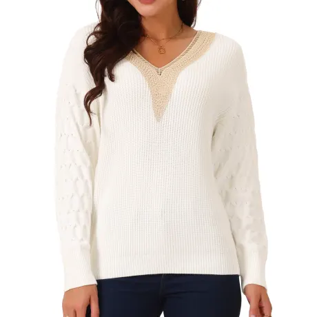 Allegra K - Lace V Neck Drop Shoulder Sweater