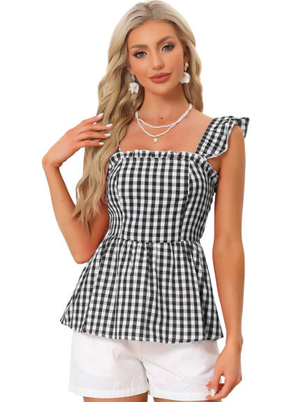 Allegra K- Gingham Peplum Square Neck Blouse