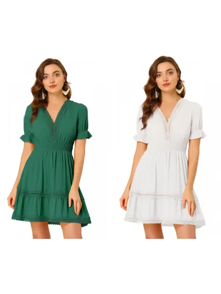 Allegra K- Mini robe bohème à col en V et taille élastique smockée à manches courtes