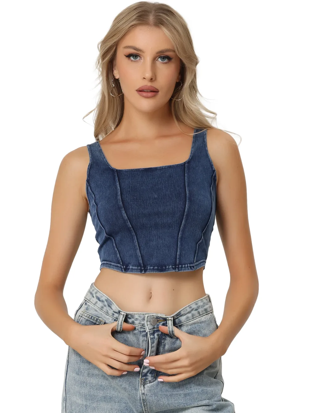 Allegra K - Scoop Neck Cropped Denim Tank Top