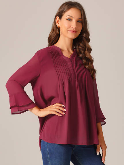 Allegra K - V Neck 3/4 Sleeve Lightweight Pintuck Top