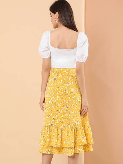 Allegra K- Printed Chiffon Ruffle Tiered Zipper Midi Skirt