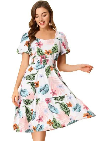 Allegra K- Chiffon Puff Sleeve Tiered Hem Tropical Print Dress