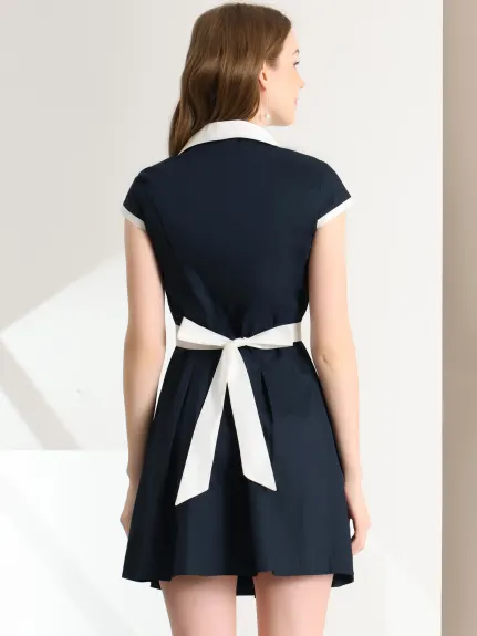 Allegra K- Button Down Flat Collar Belted Mini Shirt Dress