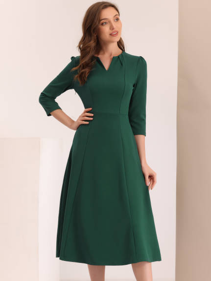 Allegra K- 3/4 Sleeve Notched V Neck A-Line Dress