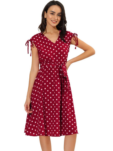 Allegra K- Polka Dots Tie Waist Sleeveless V-Neck Midi Dress