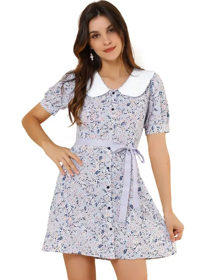 Allegra K- Robe chemise à manches courtes avec nœud papillon et fleurs