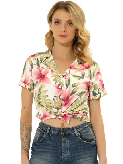 Allegra K- Beach Tropical Printed Button Down Shirt