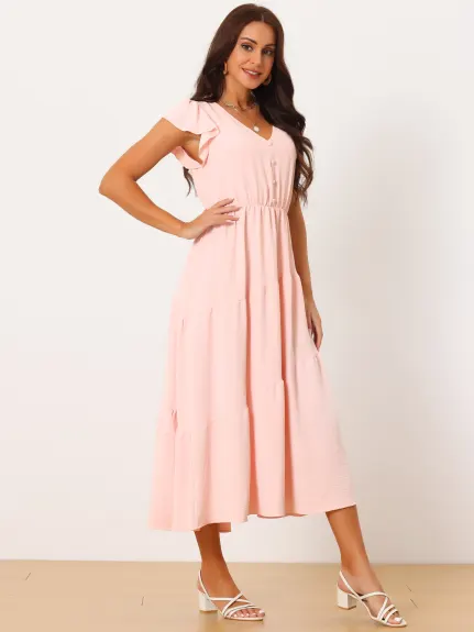 Allegra K - Flutter Sleeve Summer Tiered Maxi Dress