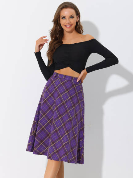 Allegra K- Plaid Tartan Belted A-Line Midi Skirt