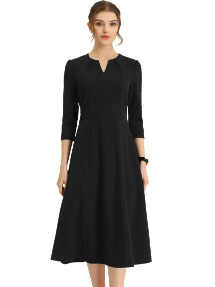 Allegra K- 3/4 Sleeve Notched V Neck A-Line Dress