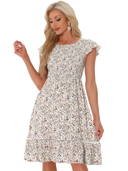 Allegra K - Fit and Flare Floral Midi Smocked Dress