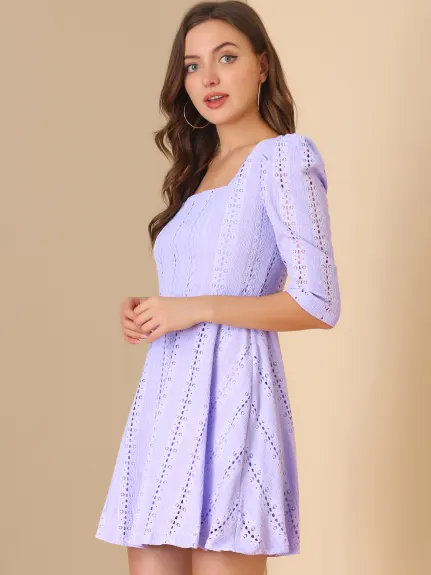 Allegra K- Square Neck Lace Puff Sleeve Dress