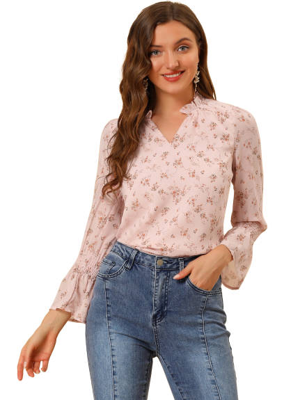 Allegra K- Smocked Sleeve V-Neck Chiffon Floral Blouse